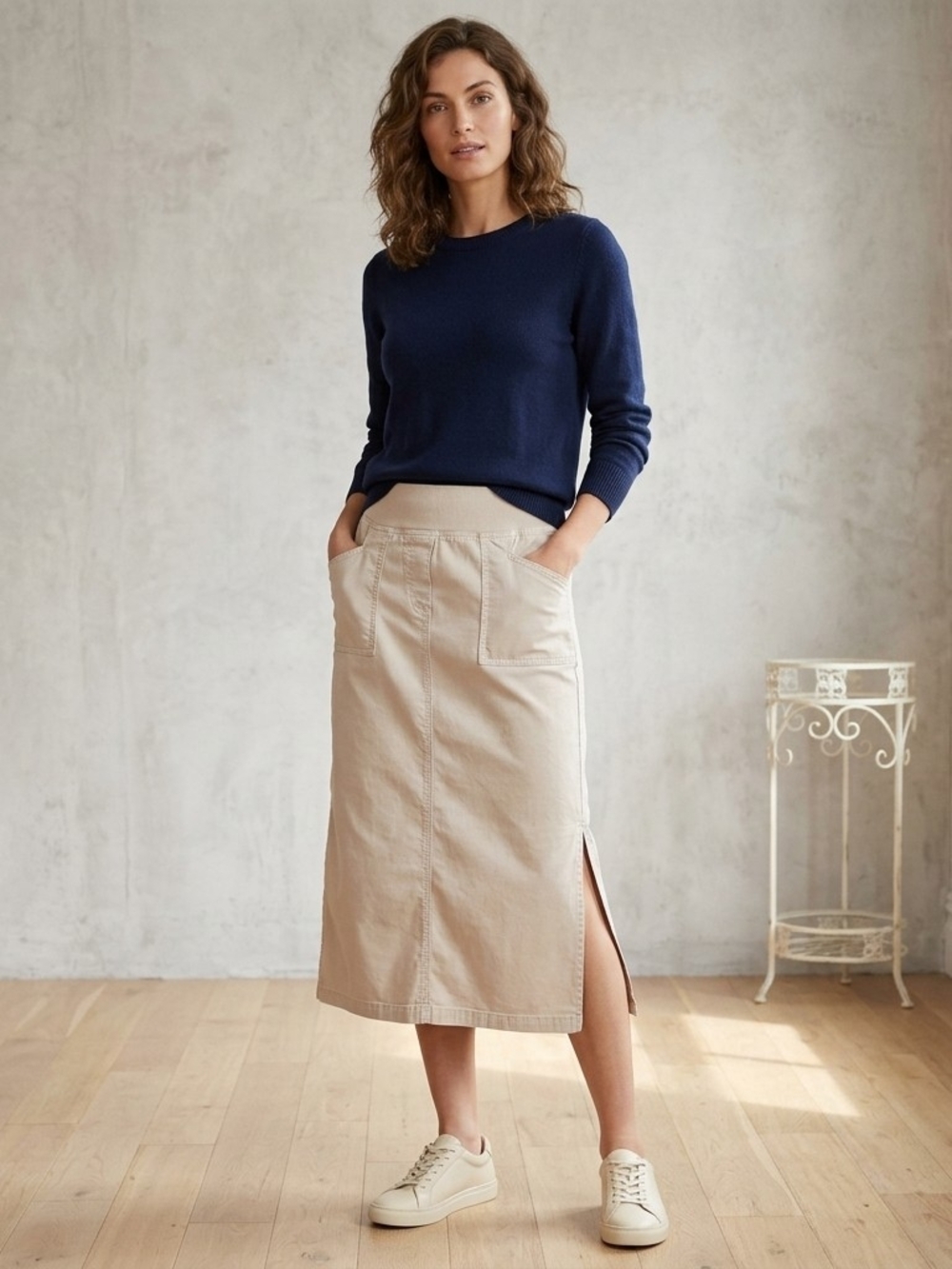 Beige Midi Utility Skirt with Side Slit and Patch Pockets